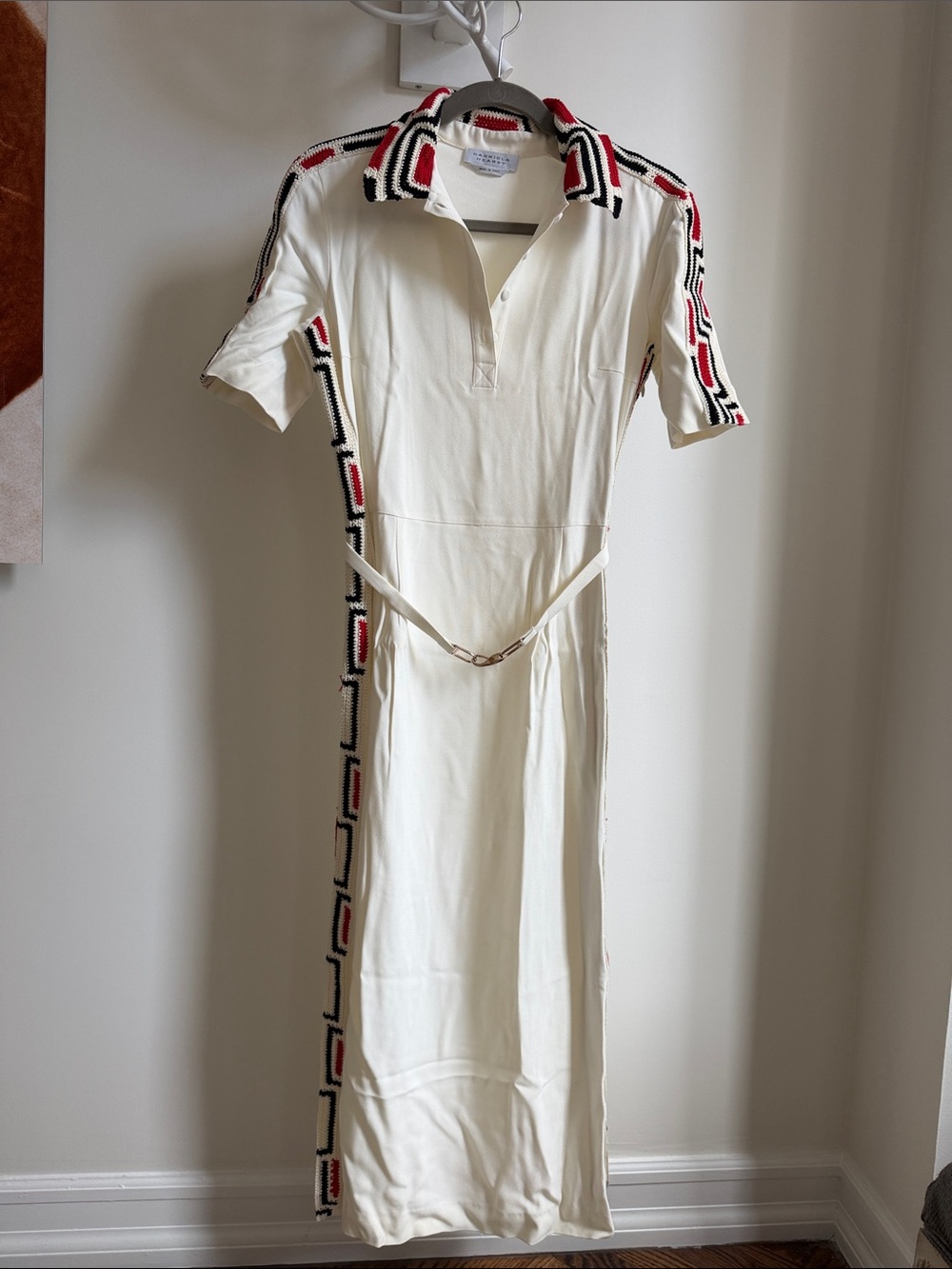 Gabriela Hearst Cream Polo Knit Maxi Dress with Red & Black Trim